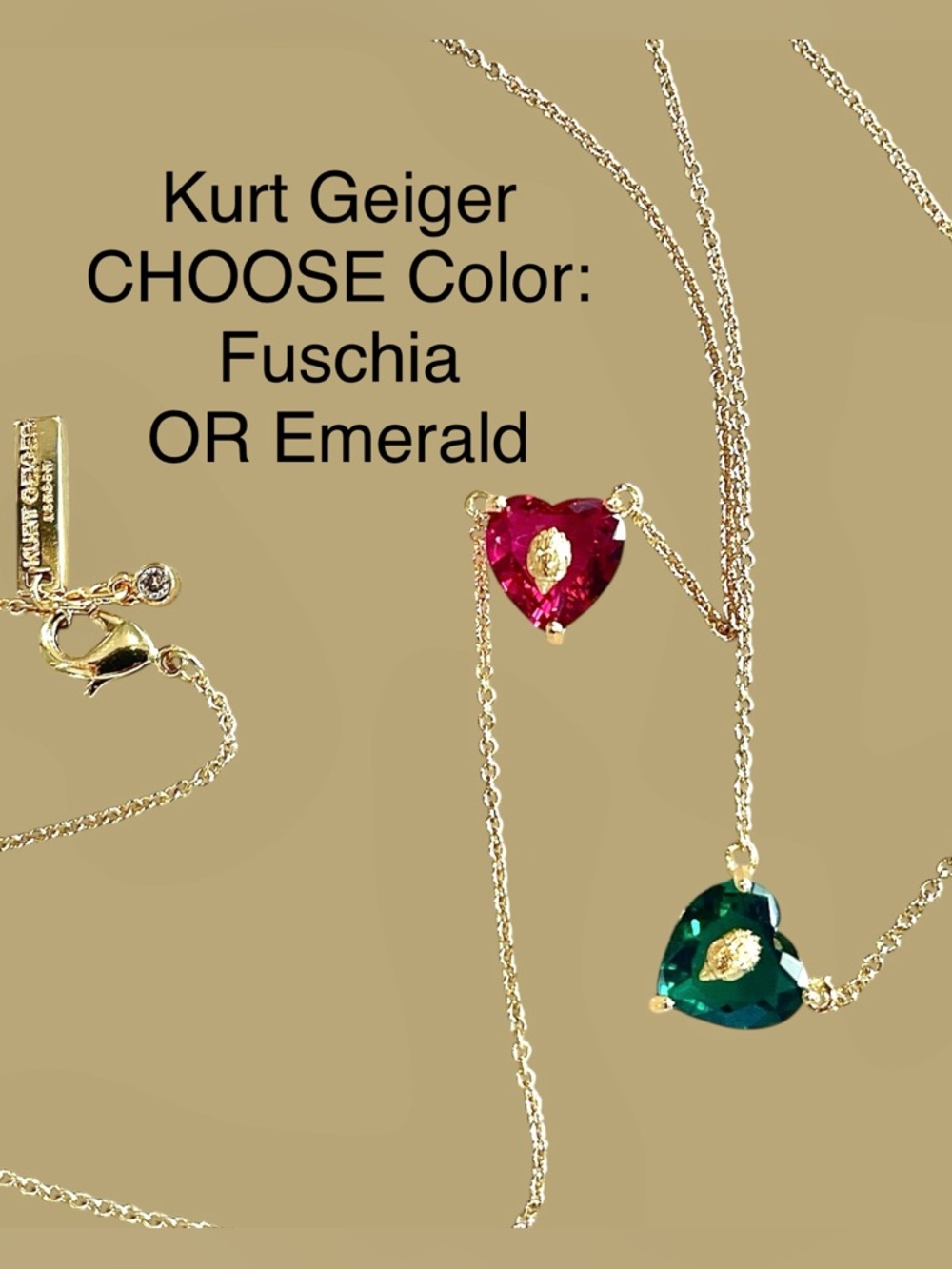 Kurt Geiger Crystal Heart Necklace Choose Color Fuchsia OR Emerald NWT &Dust Bag